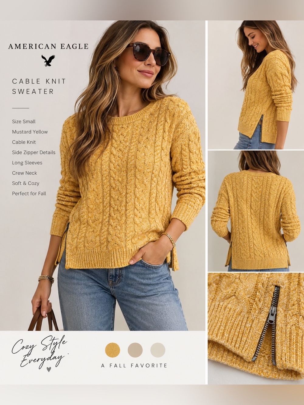 American Eagle Mustard Cable Knit Sweater – Small